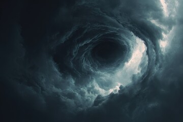 Storm clouds swirl around a dark vortex