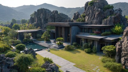 Modern home blending architecture with craggy rock formations, serene water features, and manicured lawns
