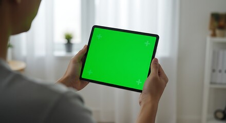 Person holds a tablet with a green screen display, viewed from behind, in a bright, modern interior setting.