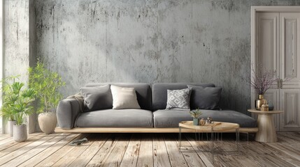A living space with a concrete wall, gray couch, wooden floor, plants, side table, and door