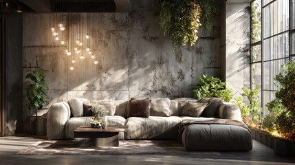Modern industrial living room with plants