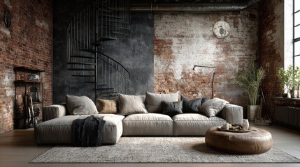 Stylish modern living room with exposed brick, spiral staircase, and comfortable sofa