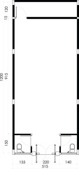 Long Rectangular Room Floor Plan with Double Entry and Restrooms. 1