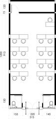 Open Plan Multifuction Floor Plan with Workstations and Restrooms. 1