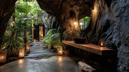 A luxurious, dimly lit bathroom carved into a rock formation, with lush greenery and a vanity