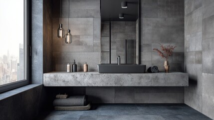 A modern, gray-toned bathroom with a floating vanity, large mirror, and window