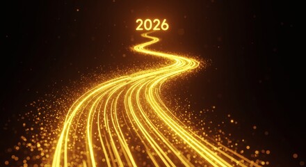 Glowing golden path leading to 2026, abstract future journey and new year concept on dark background.