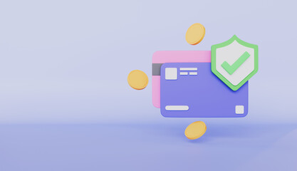 Secure Payment with credit card and shield 3d icon illustration