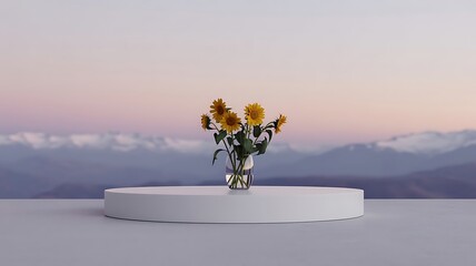 A glass vase filled with bright yellow sunflowers sits on a white table against a backdrop of snowcapped mountains
