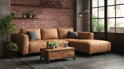 Cozy living space, featuring a leather sectional sofa, brick wall, and wooden coffee table