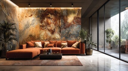 Spacious living room featuring a vibrant rust-colored sectional and a textured stone wall