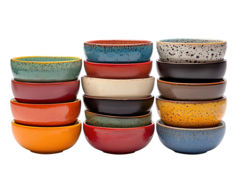 Stack of colorful handmade ceramic bowls isolated on transparent background