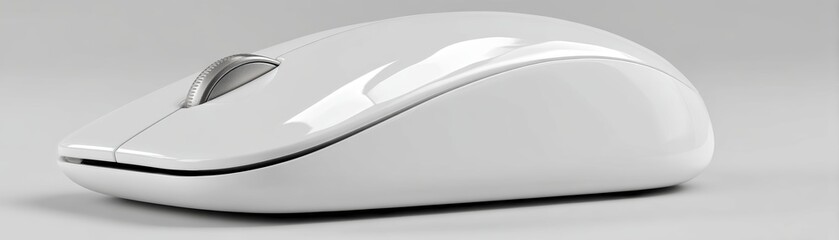 A sleek, modern white wireless computer mouse with a glossy finish and a scroll wheel, resting on a reflective surface against a neutral background, clean mouse