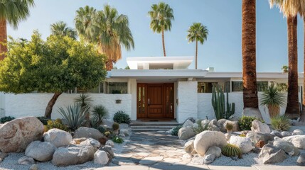 A sun-drenched modern house with a stone pathway entrance and desert landscaping