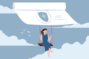 A woman is swinging joyfully in the sky, attached to a giant insurance document as a parachute, symbolizing support, freedom, and safety.