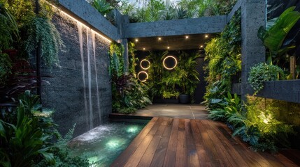 Lush outdoor sanctuary with cascading waterfall, greenery walls, and wooden deck space