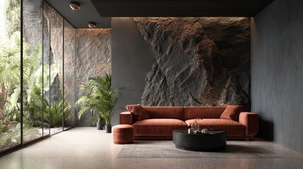 Interior rendering with a rust-colored sofa, stone wall, and large glass window