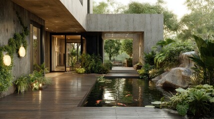 Modern dwelling facade with a water feature and verdant landscaping