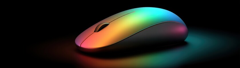A sleek, modern computer mouse illuminated with a vibrant, rainbow-colored gradient on a dark background, clean mouse