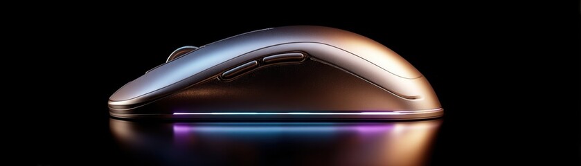 Sleek wireless computer mouse with a futuristic design, glowing LED lights, and a reflective surface against a dark background, clean mouse