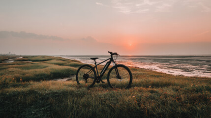 Obraz premium serene electric bicycle stands majestically in foreground silhouetted against breathtaking sunset over vast field