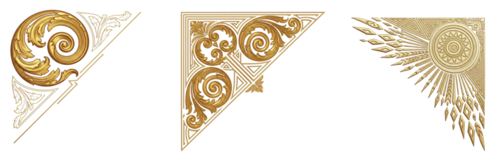 Innovative Set of Isolated Golden Corner Designs, Blending Rococo Swirls with Geometric Patterns and Sunburst Details for Modern and Traditional Fusion Art