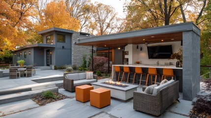 Modern outdoor living space with a bar and fire pit on a concrete patio in the fall