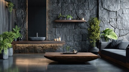 Modern living space with stone wall, plants, wooden table, sink, and couch