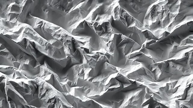This clip showcases the intricate patterns of crumpled gray paper that resemble a rugged, mountainous terrain. The light and shadows create depth and intrigue.