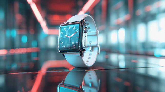 Modern smartwatch with digital display in futuristic neon environment
