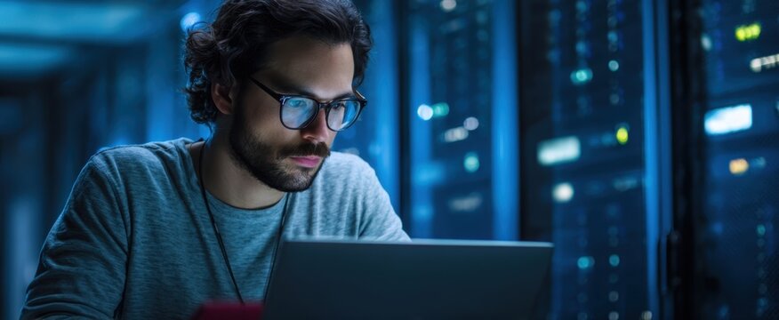 The focused IT professional working on a laptop in a server room.