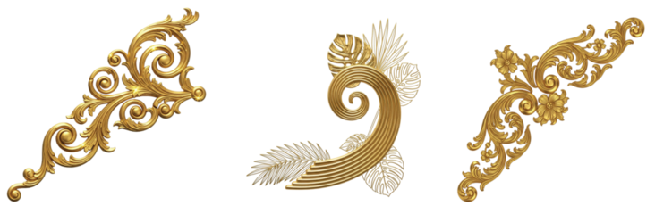 Artistic Group of Isolated Golden Rococo and Baroque Ornaments, Showcasing Graceful Scrolls and Tropical Leaf Motifs, Ideal for Diverse Decorative Applications