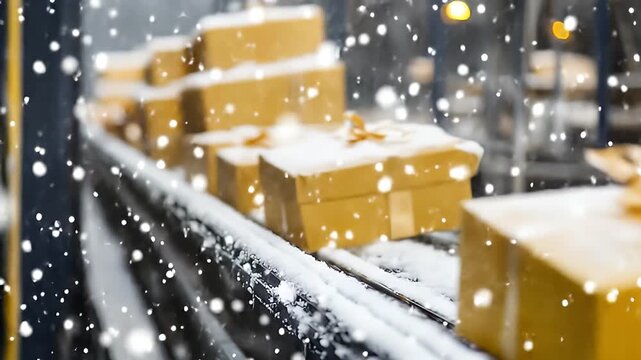 Snow Covered Gift Boxes Conveyor with Falling Snowflakes During Winter Season Against Soft Focus Background