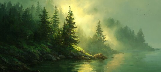 Golden sunrise reflecting over ocean waves where the dense green forest meets the shore