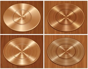 Metallic discs on wood surface presenting unique textures in a geometric mosaic
