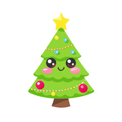 Cute Kawaii Christmas Tree Cartoon with Big Eyes, Blushing Cheeks, and Star Topper