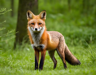 Fototapeta premium A red fox is between the green grass in the forest.