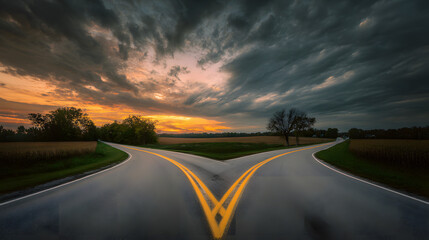 A dramatic split in the road under a moody sky, symbolizing life's pivotal choices.