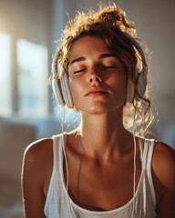 Mental health boost moves with serene woman in headphones, golden hour glow and sound therapy immersion for emotional regulation, feminine mindfulness, and peaceful sensory self-care
