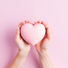 Woman holding pink heart shape, symbol of love and care, perfect for Valentine's Day campaigns