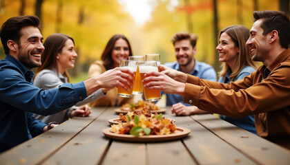 Obraz premium Friends enjoying autumn gathering with drinks in a park setting