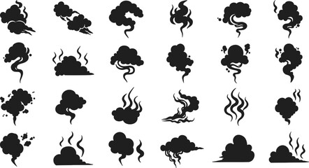 Smoke silhouettes collection, steam clouds, vapor shapes, black smoke puffs, cooking steam, hot air, wind blowing, smoke effect illustrations set