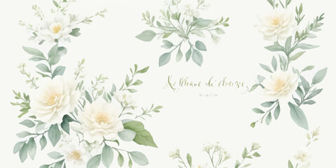 Vintage-Inspired Watercolor Floral Clipart Set Featuring Soft Ivory Flowers and Delicate Dusty Toned Leaves on Transparent Background
