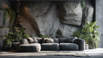 Relaxing indoor space with a plush gray sofa nestled against a striking rock wall