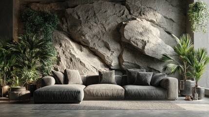 Cozy living room with a stone wall backdrop and plush sofa surrounded by greenery