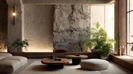 Serene interior scene with stone wall, wooden tables, and greenery