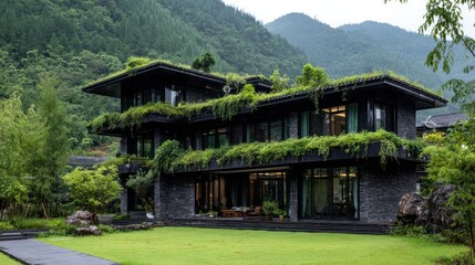 Multi-story home with a green roof & lawn sits at base of forest mountains