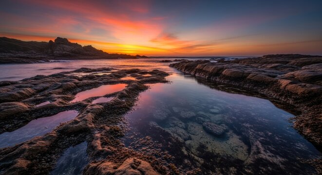Coastal sunset over tranquil pools