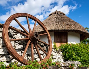 Fototapeta premium Rustic Charm: Thatched Cottage and Wooden Cartwheel against a Summer Sky