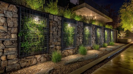 A beautifully lit stone wall with wire mesh planters holding greenery, at night
